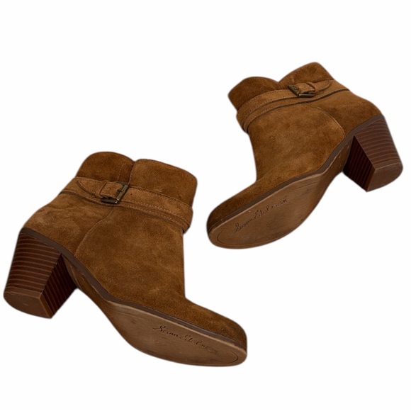 Sam Edelman Lynne Cognac Suede Ankle Booties Block Heel Buckle Zip Sz 8 - Picture 7 of 11